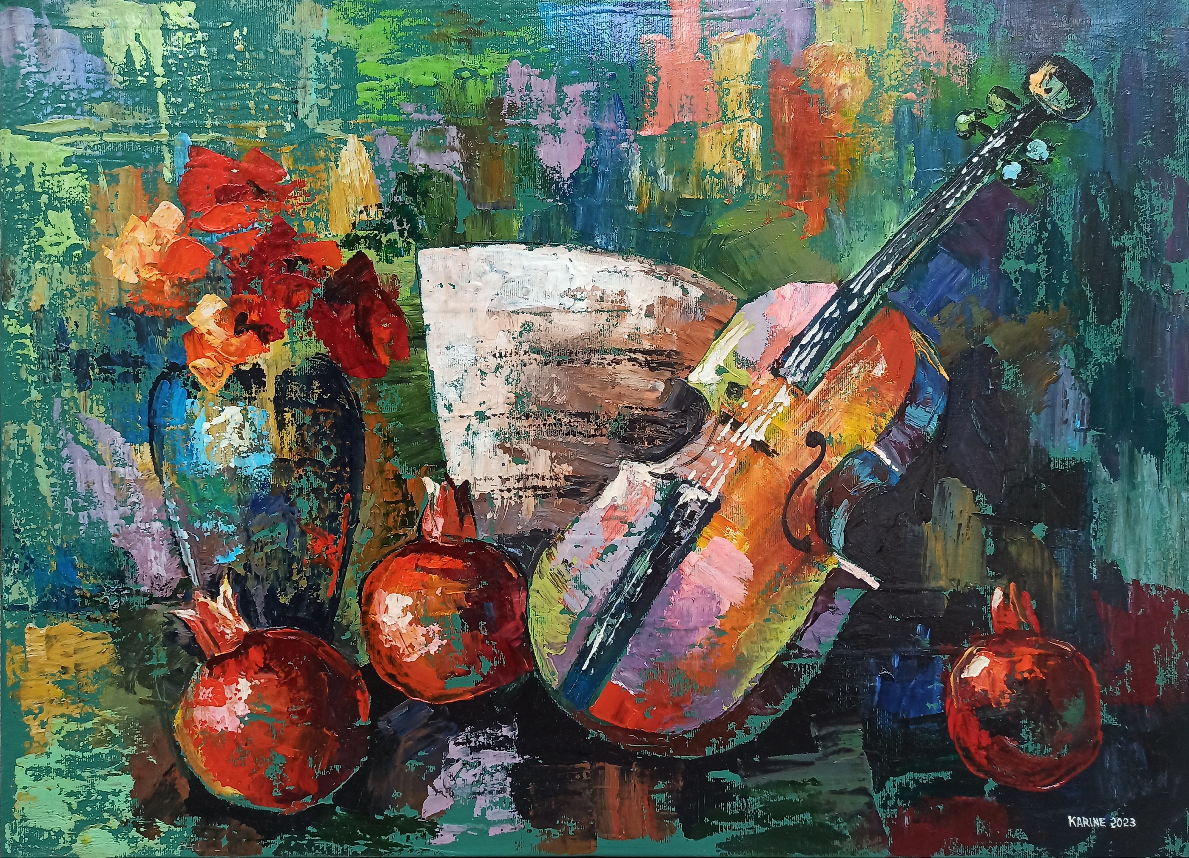 Karine Harutyunyan, Still life - Flowers, pomegranates and violin Karine Harutyunyan, Still life - Flowers, pomegranates and violin