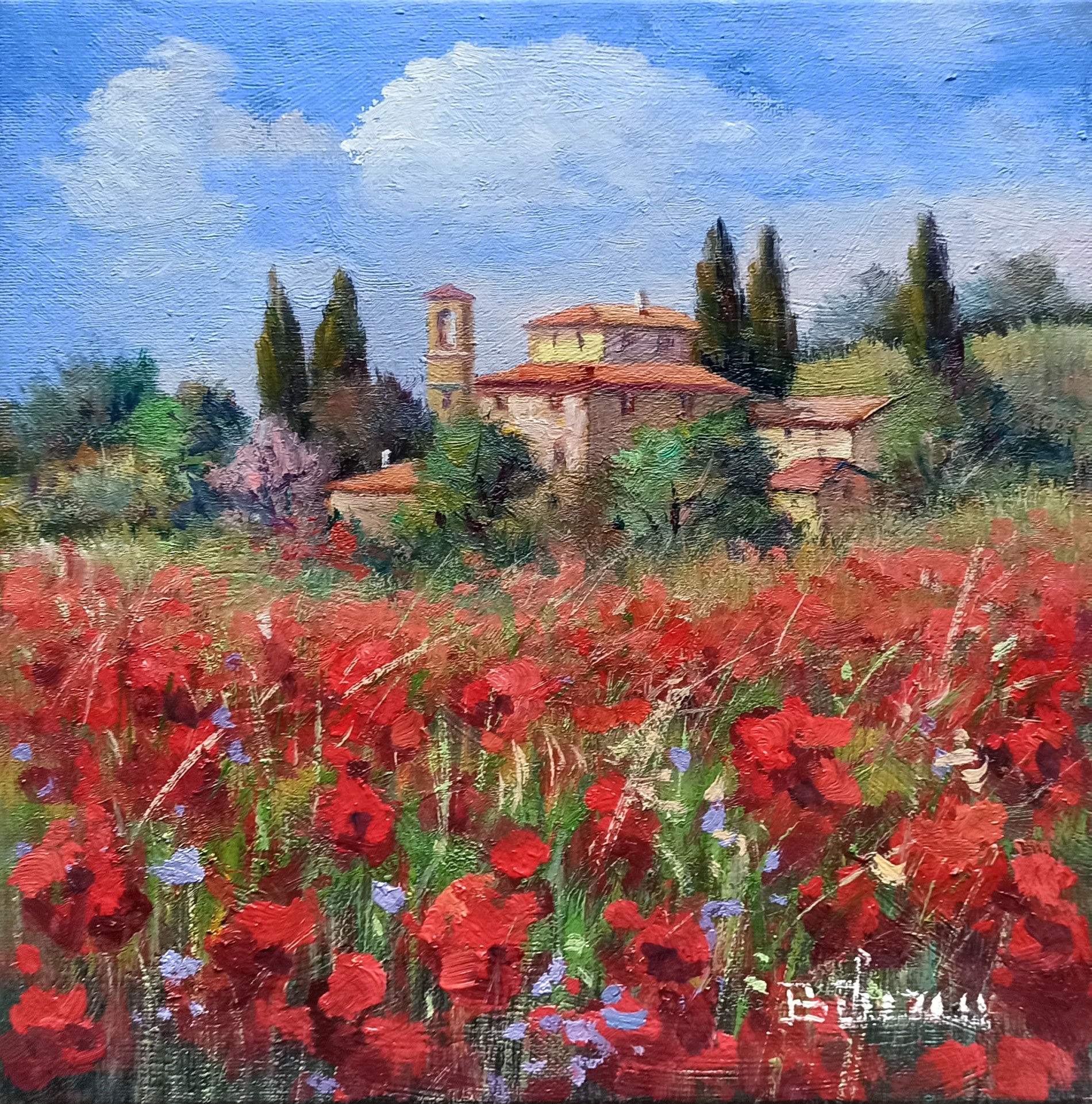 Bruno Chirici, Village with flowering - Tuscany landscape painting Bruno Chirici, Village with flowering - Tuscany landscape painting