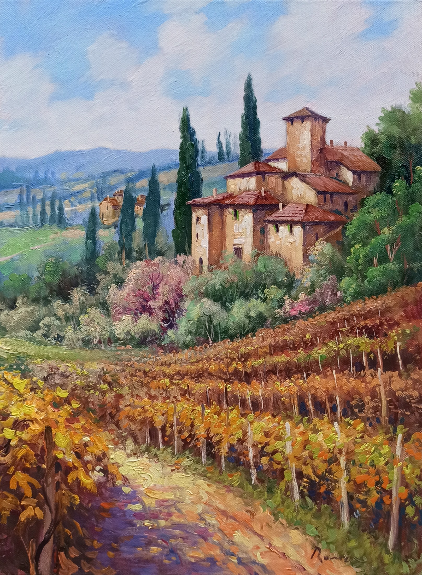 Domenico Ronca, Vertical autumn vineyard - Tuscany landscape painting Domenico Ronca, Vertical autumn vineyard - Tuscany landscape painting