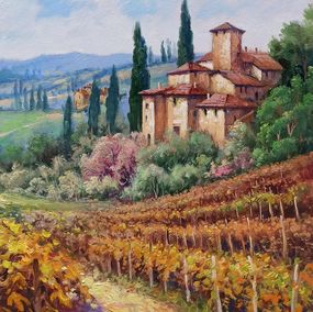Peinture, Vertical autumn vineyard - Tuscany landscape painting, Domenico Ronca