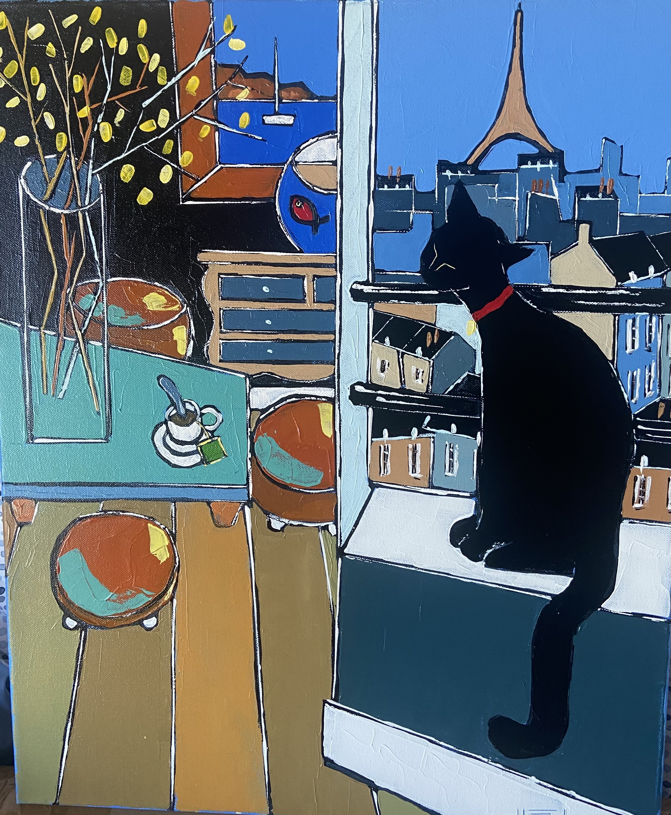 Jiel, Tea time in Paris with black cat, and Matisse's goldfish Jiel, Tea time in Paris with black cat, and Matisse's goldfish