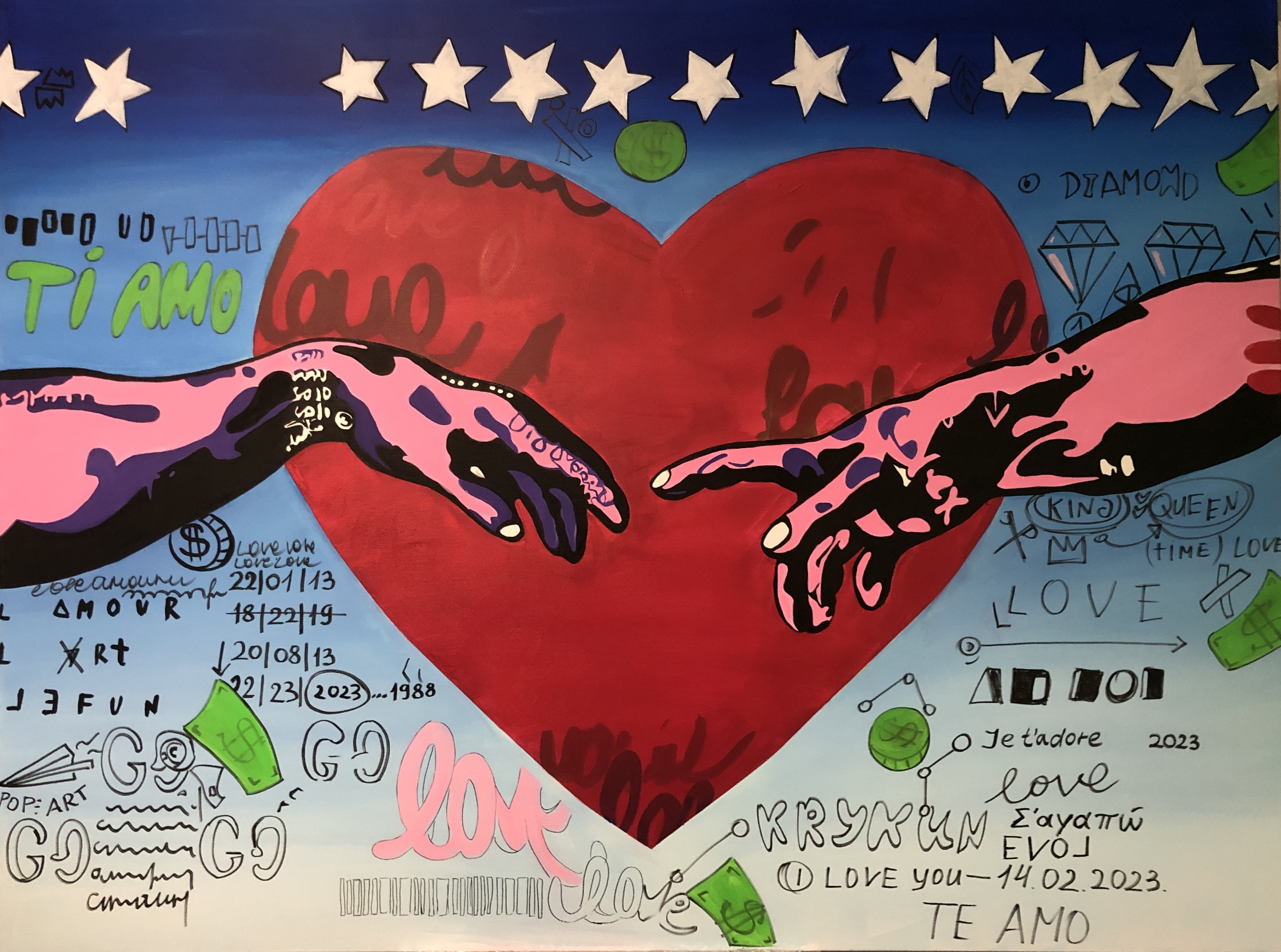 Nataliia Krykun, Creation of Adam - Love, Amour, Amore, Liebe 3D plaster, hands and heart, street art, graffiti, inspired by Michelangelo Nataliia Krykun, Creation of Adam - Love, Amour, Amore, Liebe 3D plaster, hands and heart, street art, graffiti, inspired by Michelangelo