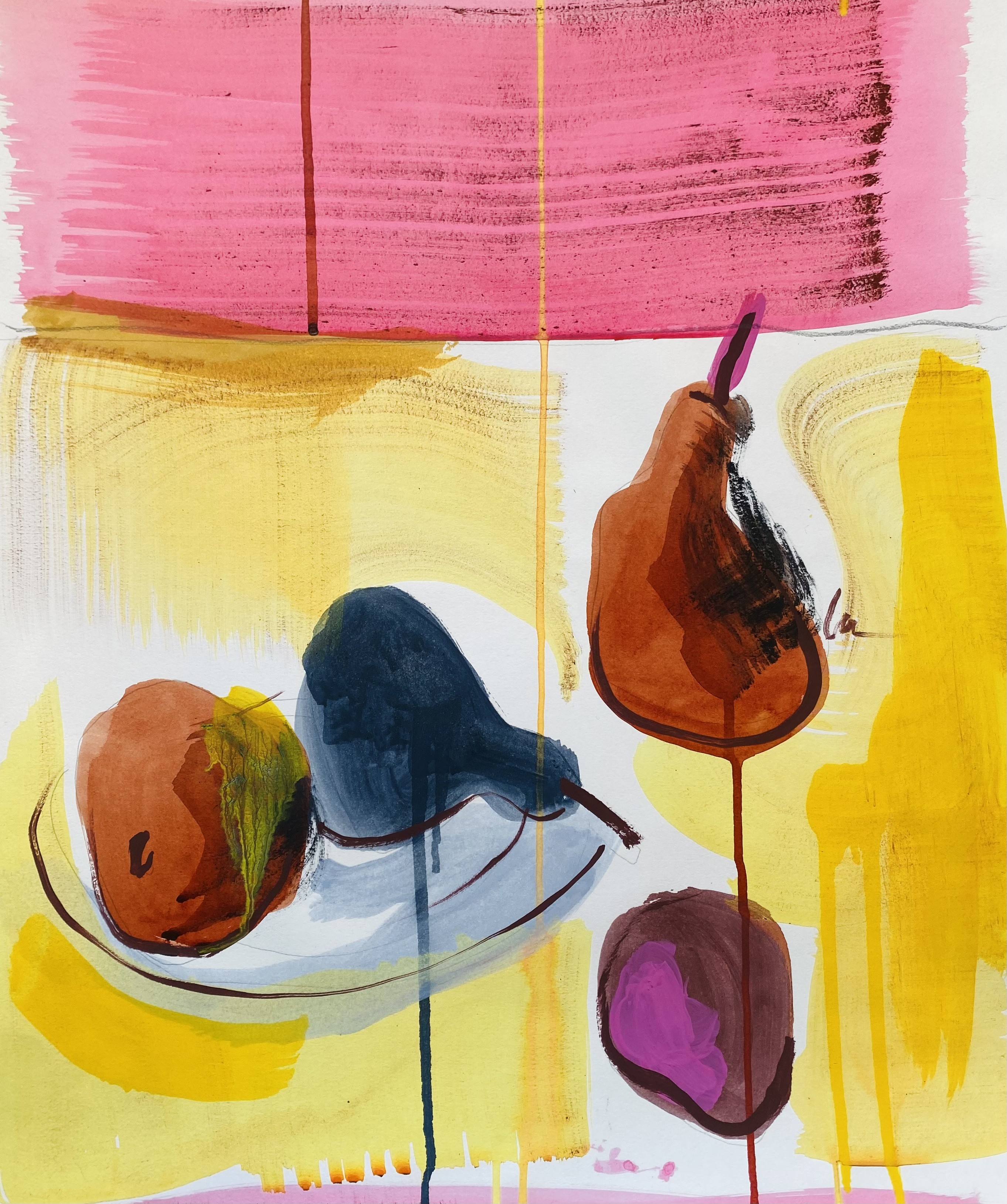 Stephanie Larène, Nature morte jaune et rose aux poires tordues Stephanie Larène, Nature morte jaune et rose aux poires tordues
