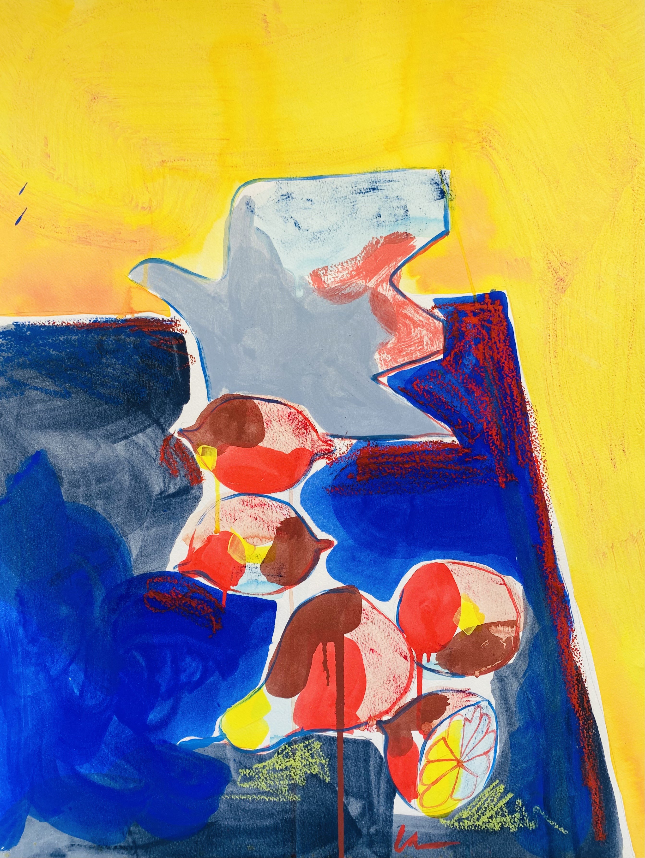 Stephanie Larène, Oiseau carré aux fruits en bleu et jaune Stephanie Larène, Oiseau carré aux fruits en bleu et jaune