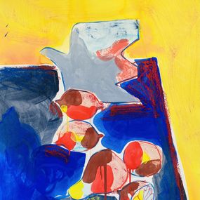 Pintura, Oiseau carré aux fruits en bleu et jaune, Stephanie Larène