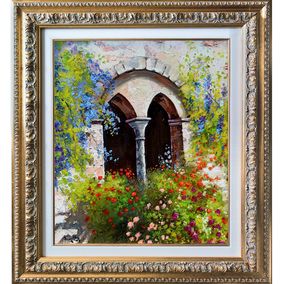 Gemälde, Mullioned window with flowers, Andrea Borella