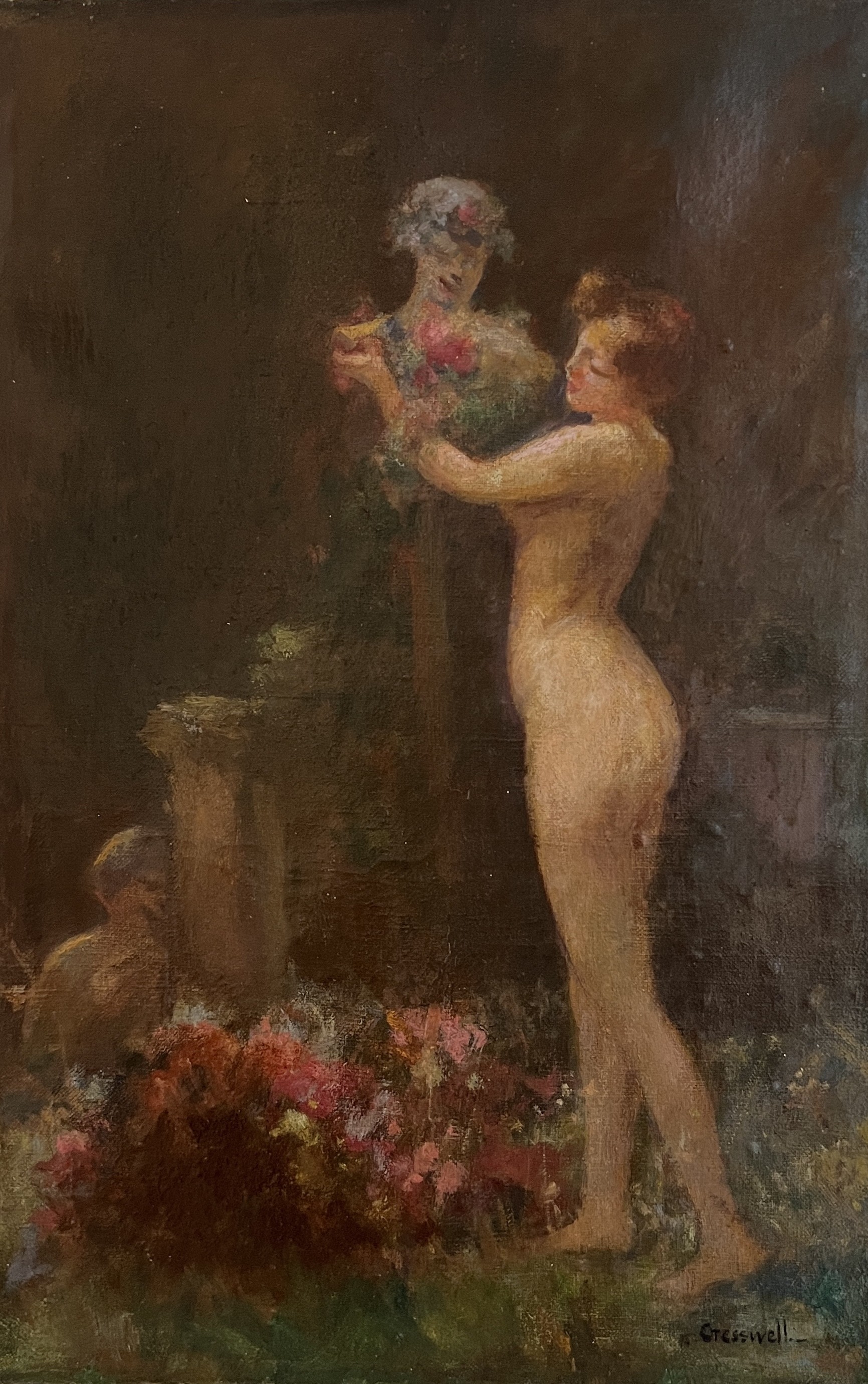 Albert Cresswell, Nymphe de dos avec statue et angelot Albert Cresswell, Nymphe de dos avec statue et angelot