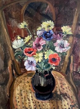 Peinture, Bouquet de fleurs en vase sur un fauteuil, Charles Beer