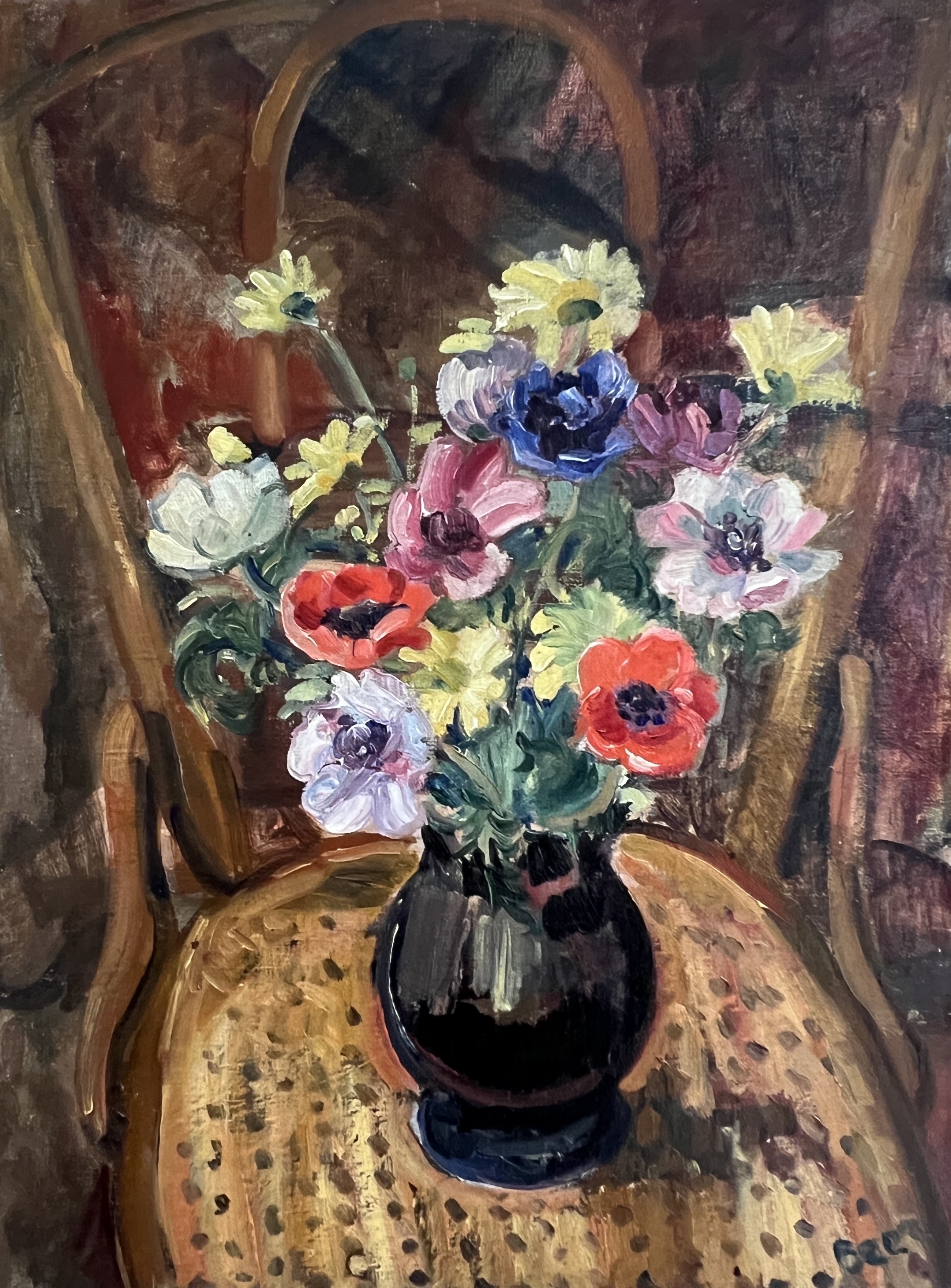 Charles Beer, Bouquet de fleurs en vase sur un fauteuil Charles Beer, Bouquet de fleurs en vase sur un fauteuil
