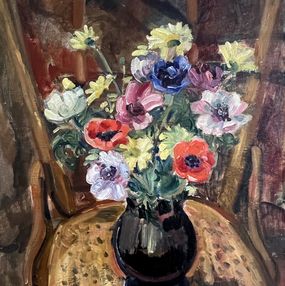 Gemälde, Bouquet de fleurs en vase sur un fauteuil, Charles Beer