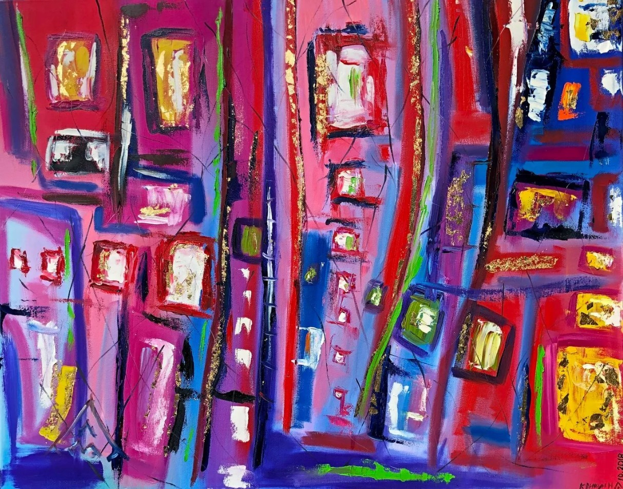 Nataliia Krykun, Rendezvous - violet blue red geometric abstraction Nataliia Krykun, Rendezvous - violet blue red geometric abstraction