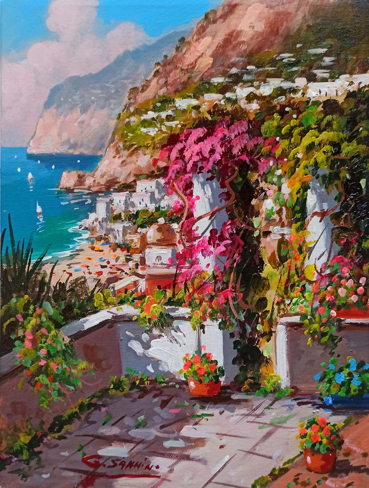 Gio Sannino, Flowered seaside small version - Positano painting & frame Gio Sannino, Flowered seaside small version - Positano painting & frame