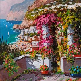 Gemälde, Flowered seaside small version - Positano painting & frame, Gio Sannino