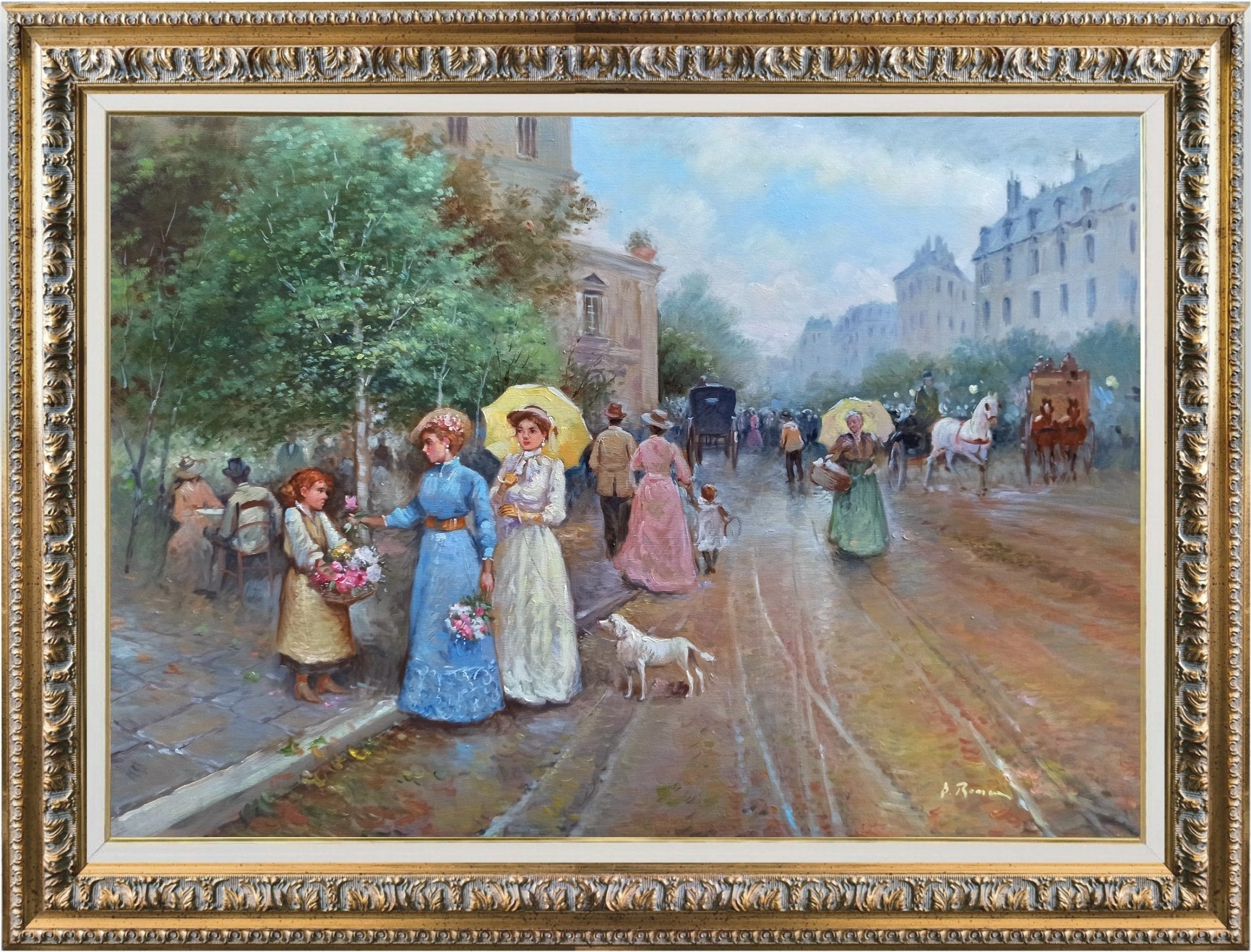Domenico Ronca, Parisian city life - France Belle Epoque painting + frame Domenico Ronca, Parisian city life - France Belle Epoque painting + frame