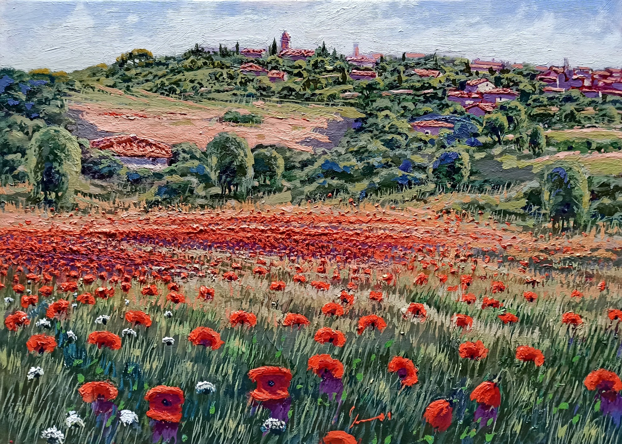 Roberto Gai, Red blooming under the village - Tuscany painting Roberto Gai, Red blooming under the village - Tuscany painting