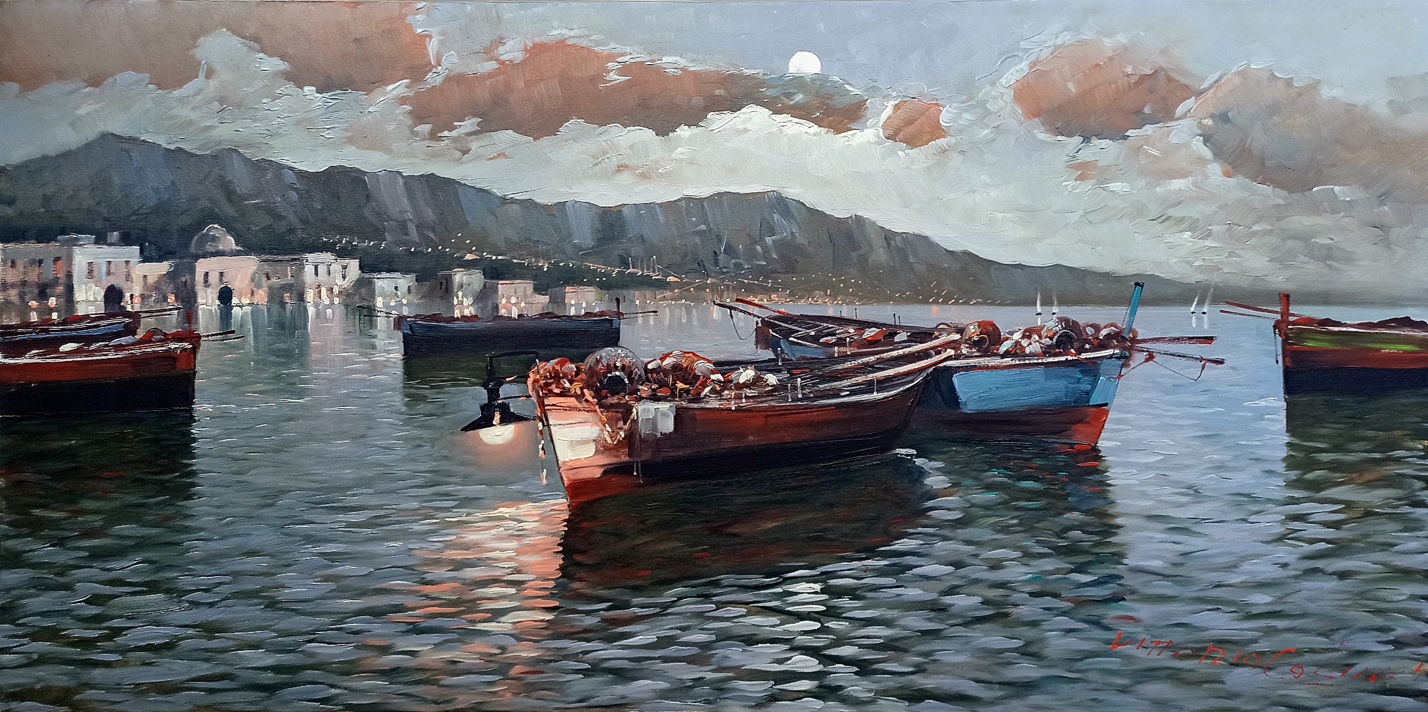 Vittorio Colucci, Boats under the moon - Italy painting Vittorio Colucci, Boats under the moon - Italy painting