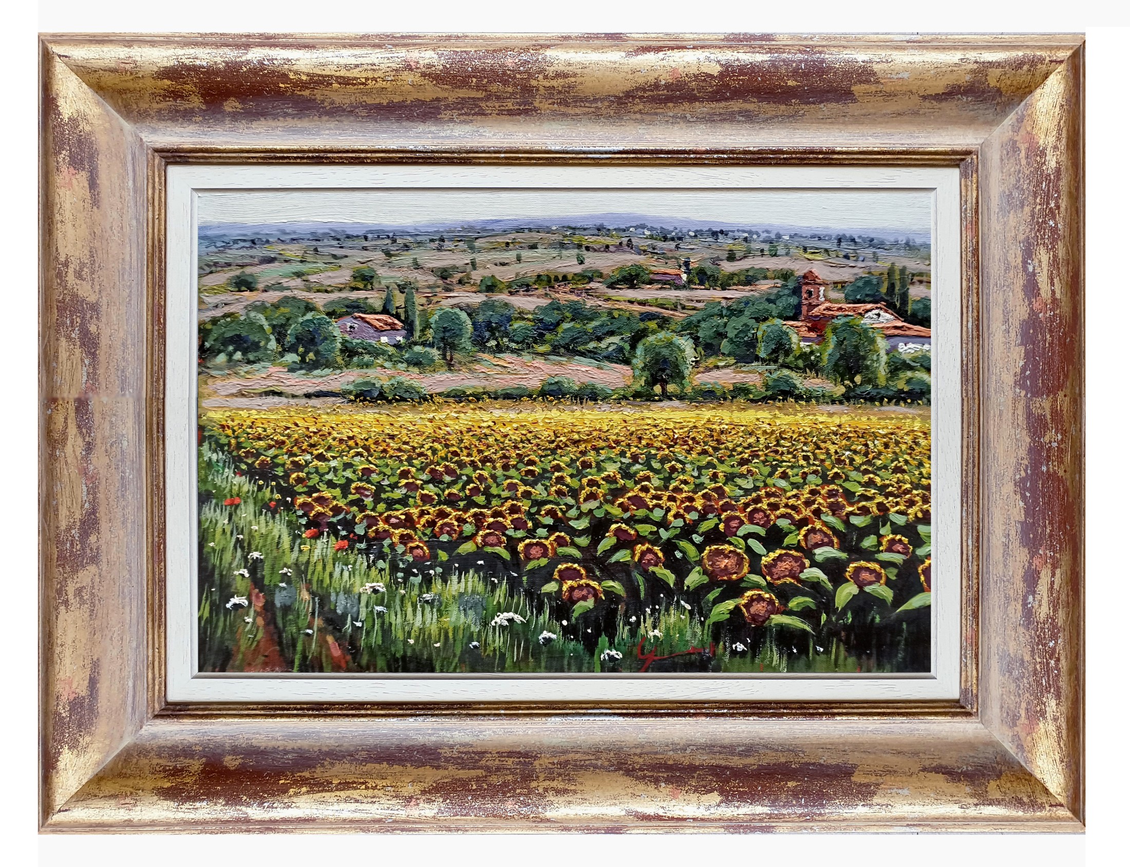 Roberto Gai, Sweet hills and sunflowers - Tuscany painting landscape + frame Roberto Gai, Sweet hills and sunflowers - Tuscany painting landscape + frame