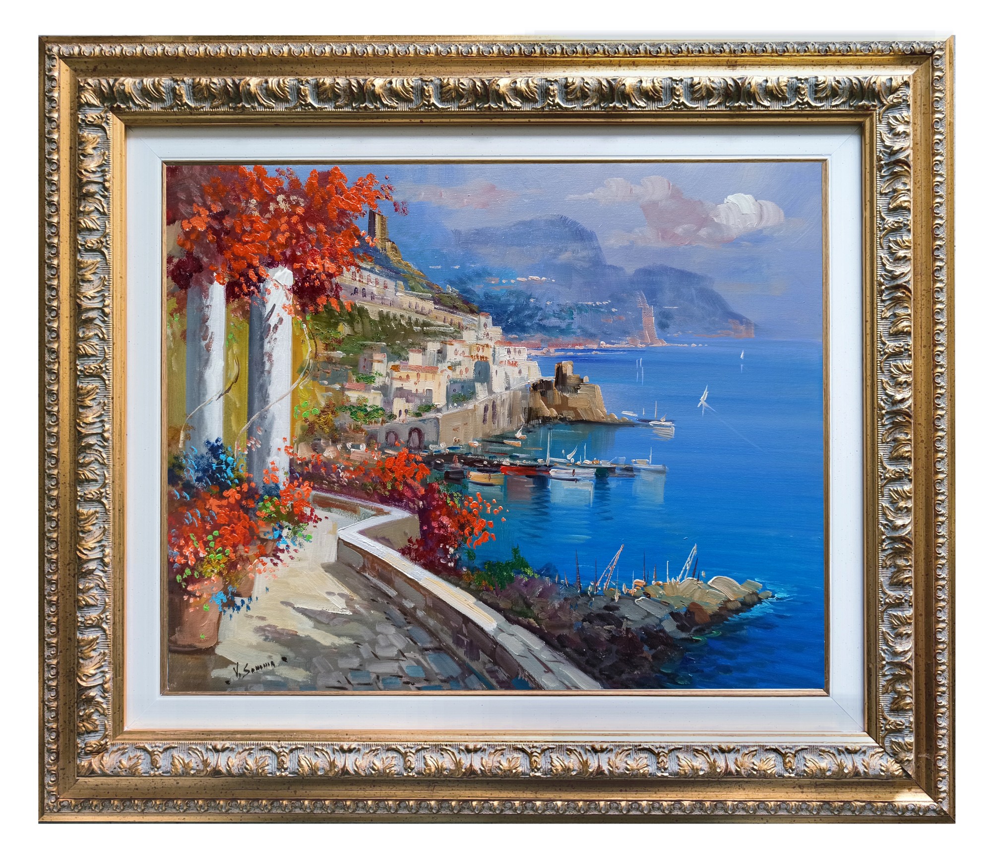Vincenzo Somma, Amalfi flowery road - Italian painting + frame Vincenzo Somma, Amalfi flowery road - Italian painting + frame