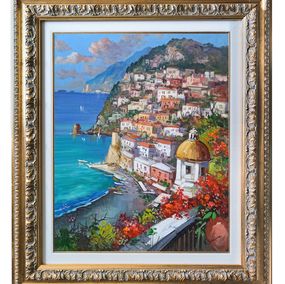 Painting, Seaside with flowers vertical version - Positano painting + frame, Vincenzo Somma