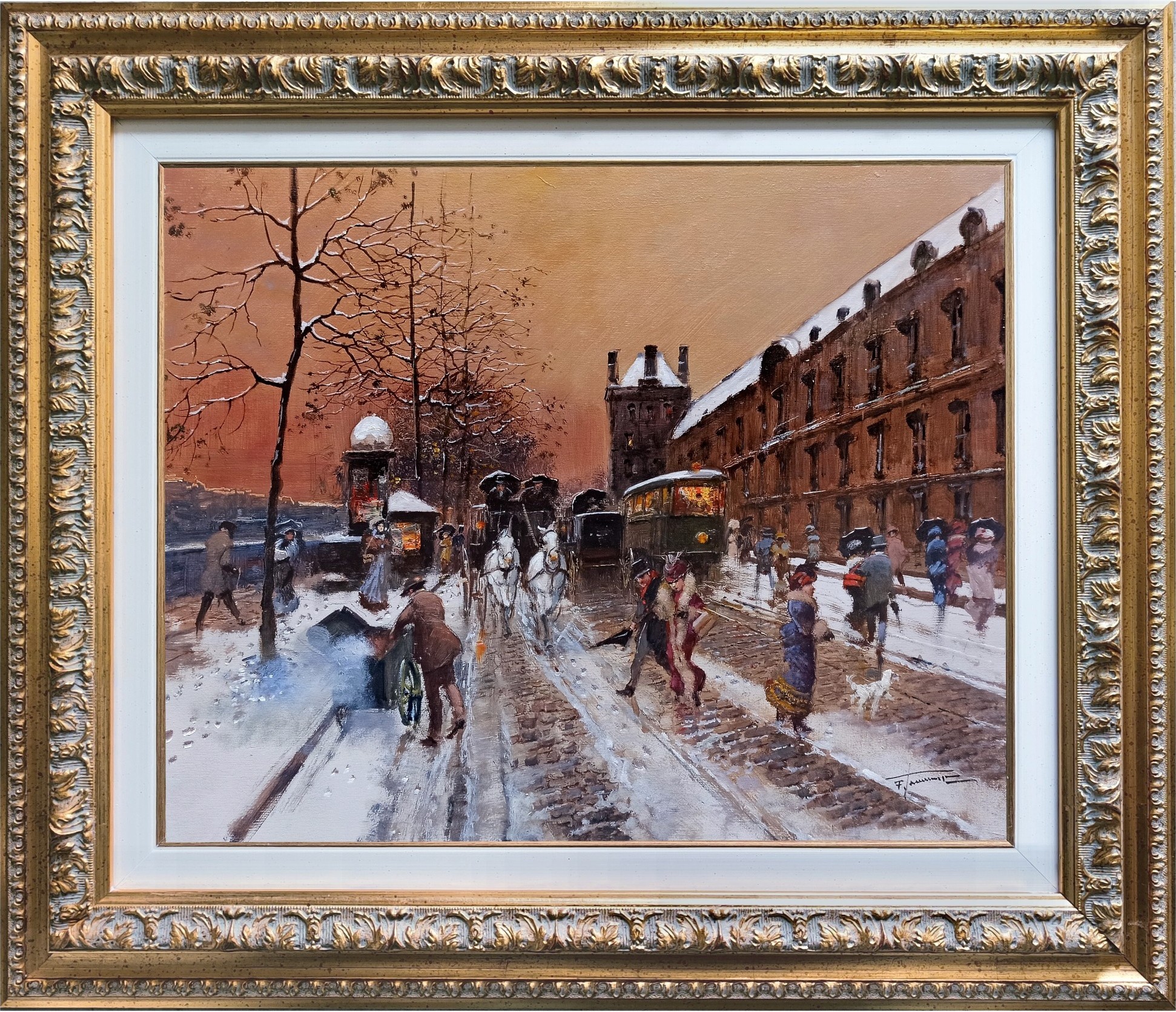 Francesco Tammaro, Sunset snowed in Paris - France Belle Epoque painting + frame Francesco Tammaro, Sunset snowed in Paris - France Belle Epoque painting + frame