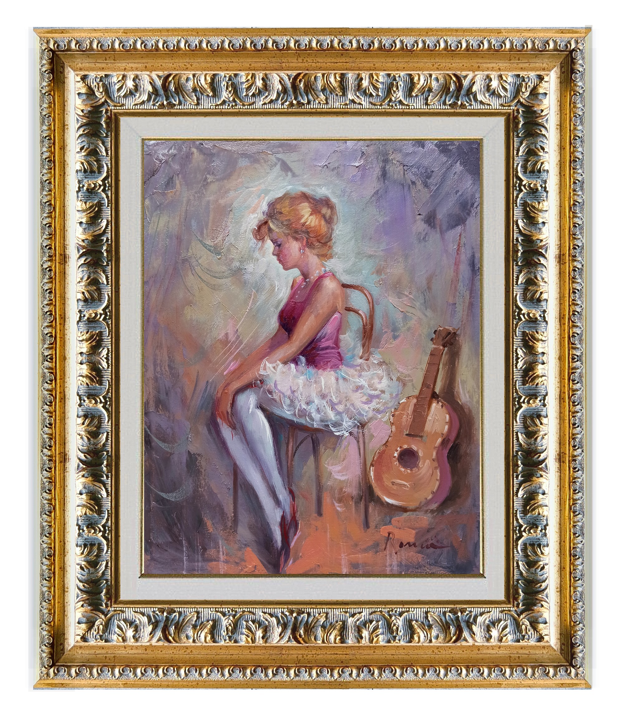 Domenico Ronca, Ballet dancer and violin (Little version) - Ballerina painting + baroque frame Domenico Ronca, Ballet dancer and violin (Little version) - Ballerina painting + baroque frame