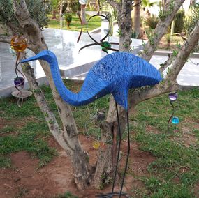 Sculpture, Flamant bleu en métal recyclé, Hassan Laamirat
