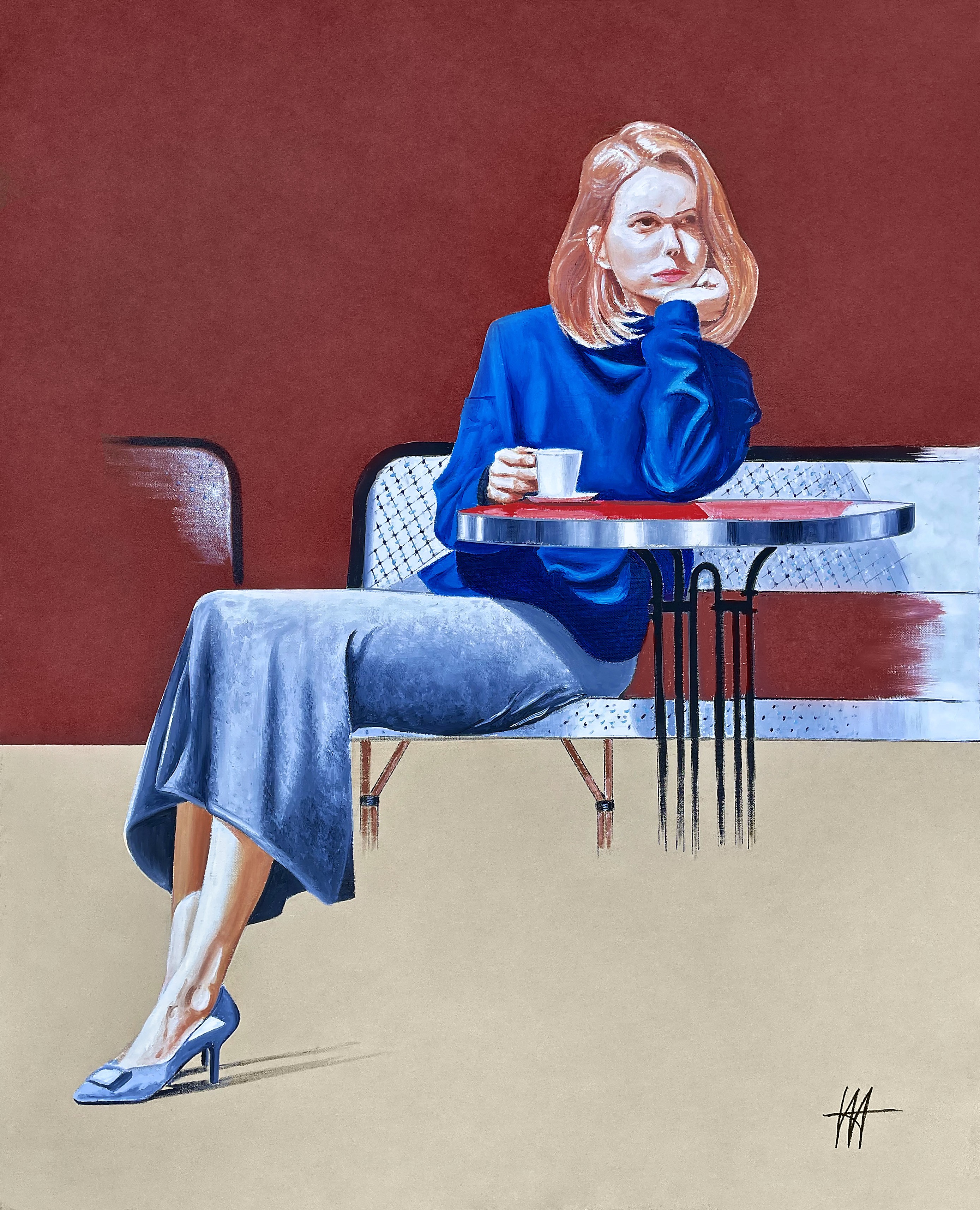 Jean-Jacques Venturini, Femme en bleu à la terrasse d'un café. Jean-Jacques Venturini, Femme en bleu à la terrasse d'un café.