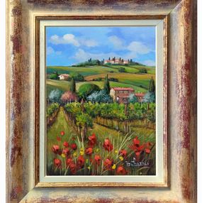 Painting, Village with vineyard in bloom (vertical version) - Tuscany landscape painting, Bruno Chirici