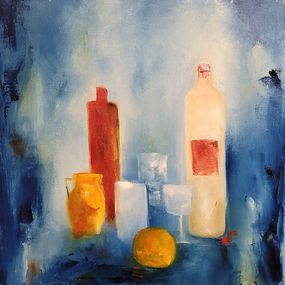 Gemälde, Bouteilles et orange, Nadine de Lespinats