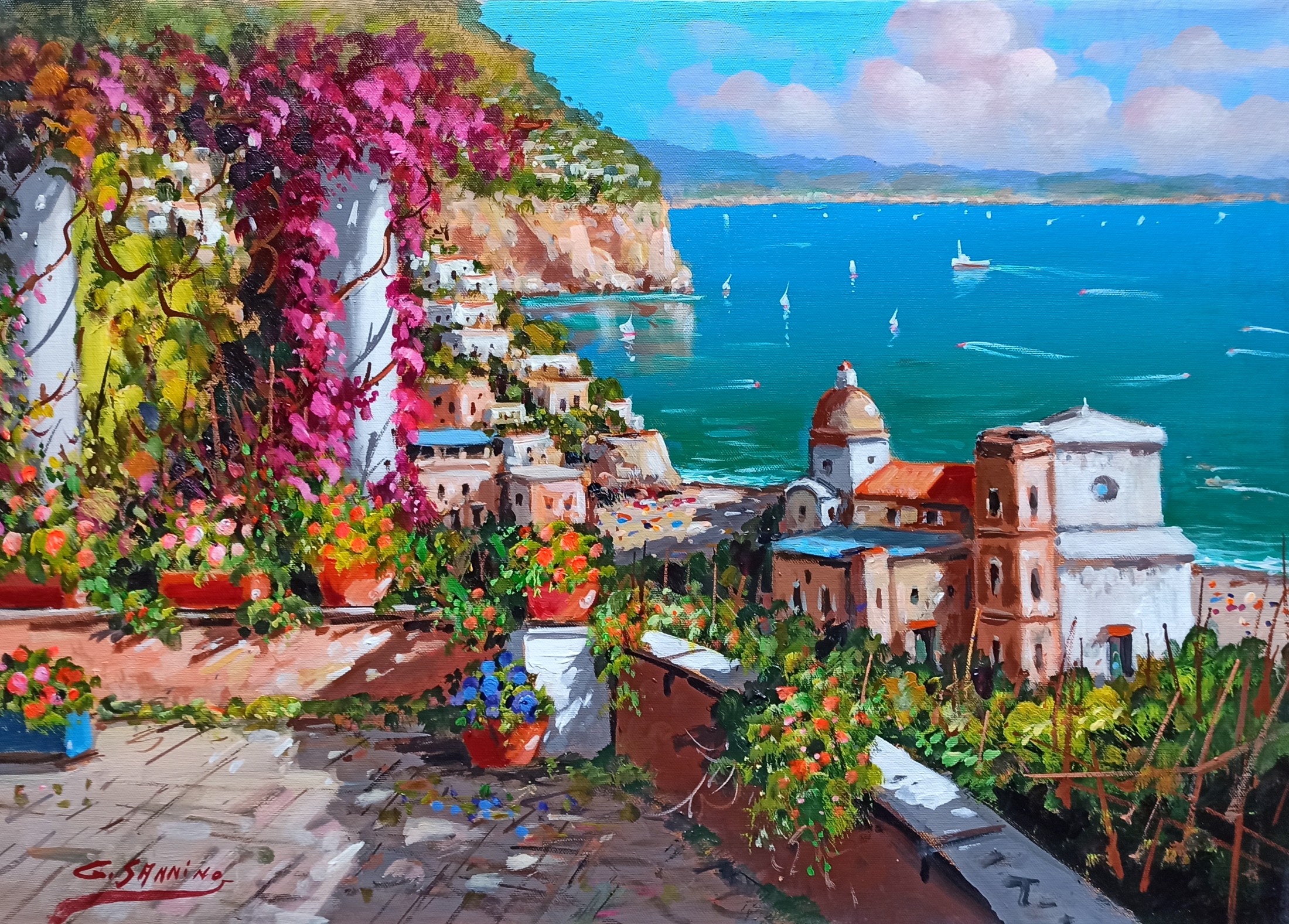 Gio Sannino, View from the terrace large version - Positano painting seaside Gio Sannino, View from the terrace large version - Positano painting seaside