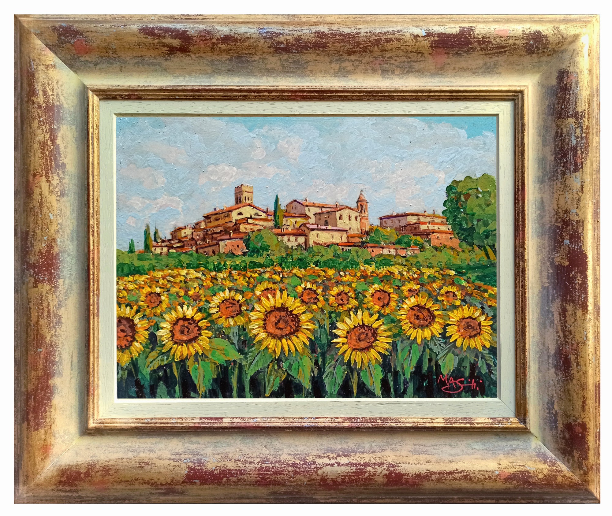 Gino Masini, Village with sunflowers - Tuscany landscape painting & frame Gino Masini, Village with sunflowers - Tuscany landscape painting & frame