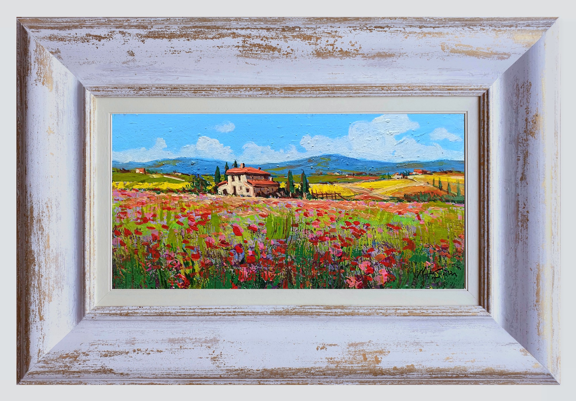 Gino Masini, Flowery landscape - Tuscany landscape painting & frame Gino Masini, Flowery landscape - Tuscany landscape painting & frame
