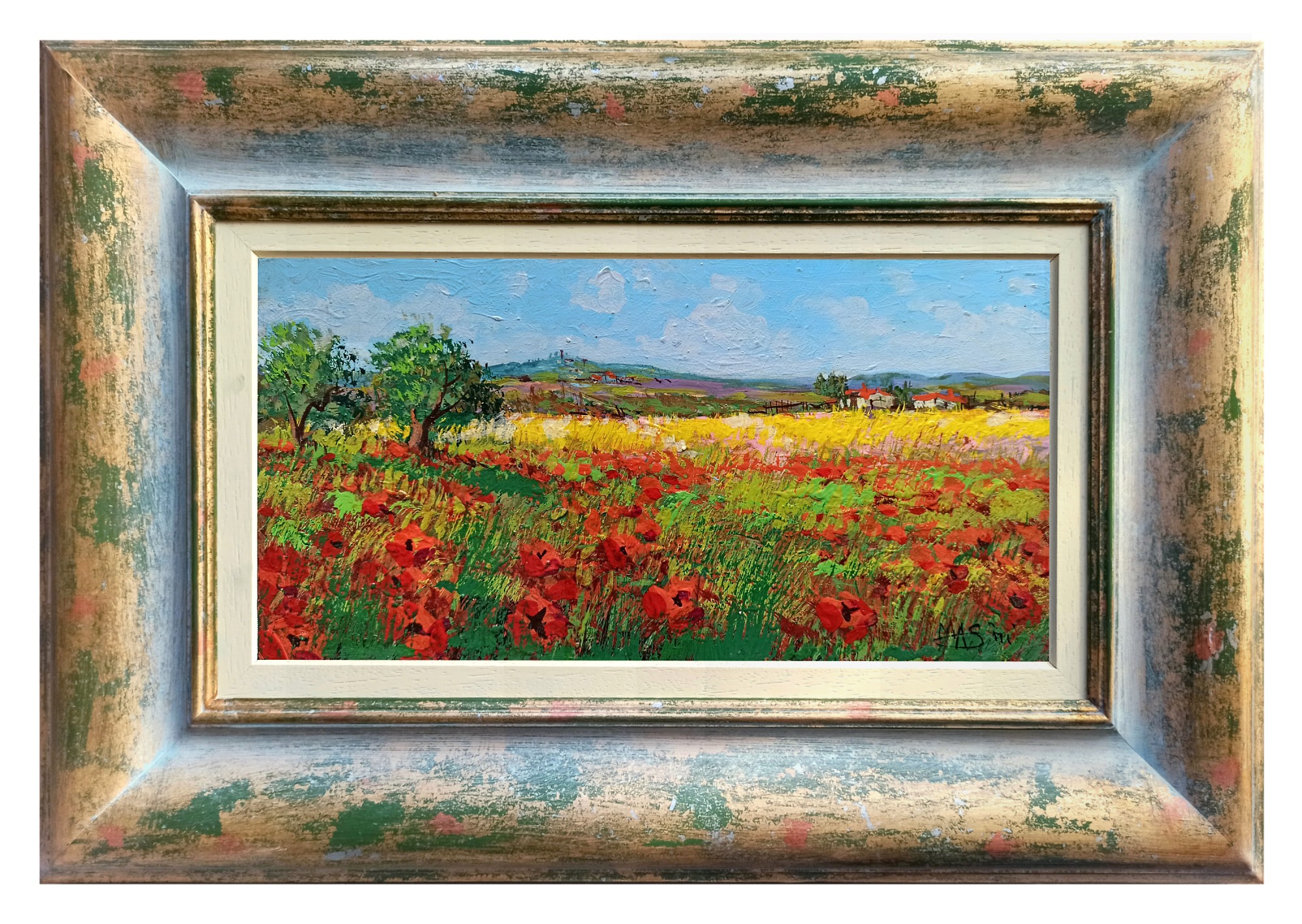 Gino Masini, Field of poppies - Tuscany landscape painting & frame Gino Masini, Field of poppies - Tuscany landscape painting & frame