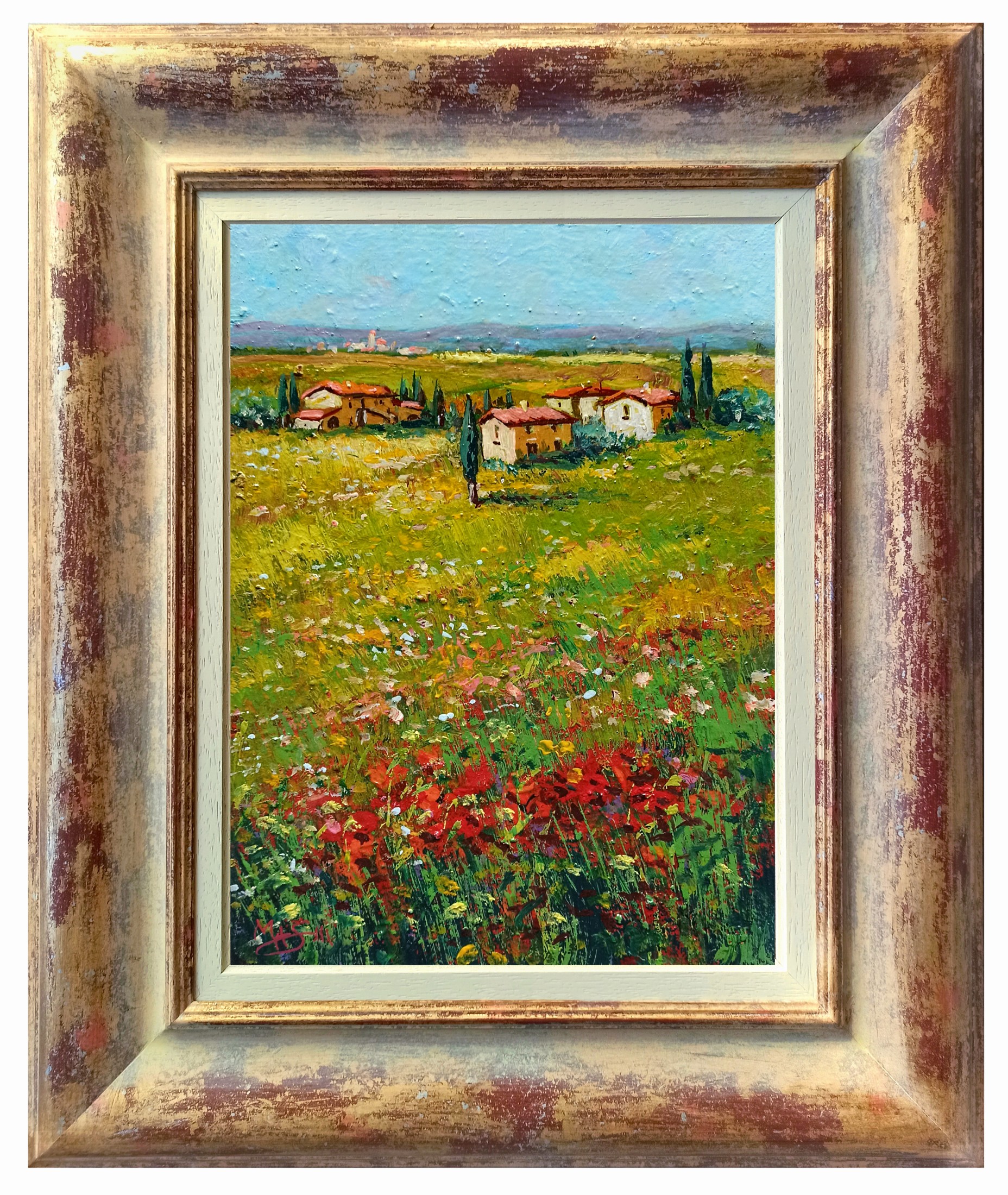 Gino Masini, Wheat field & flowers - Tuscany landscape painting & frame Gino Masini, Wheat field & flowers - Tuscany landscape painting & frame