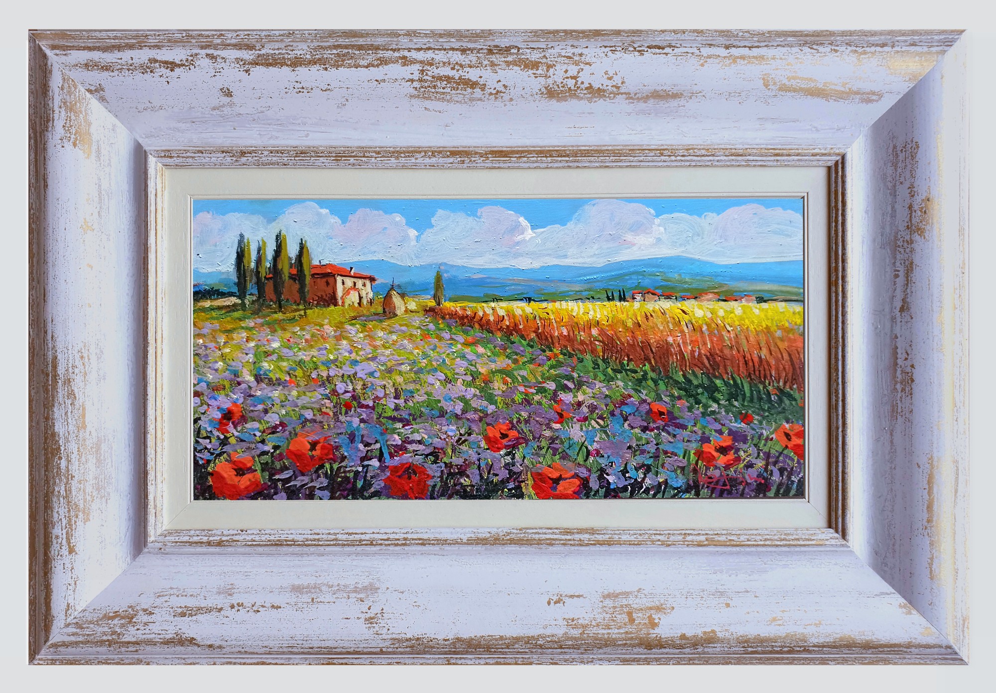 Gino Masini, Wheat field & flowers - Tuscany landscape painting & frame Gino Masini, Wheat field & flowers - Tuscany landscape painting & frame