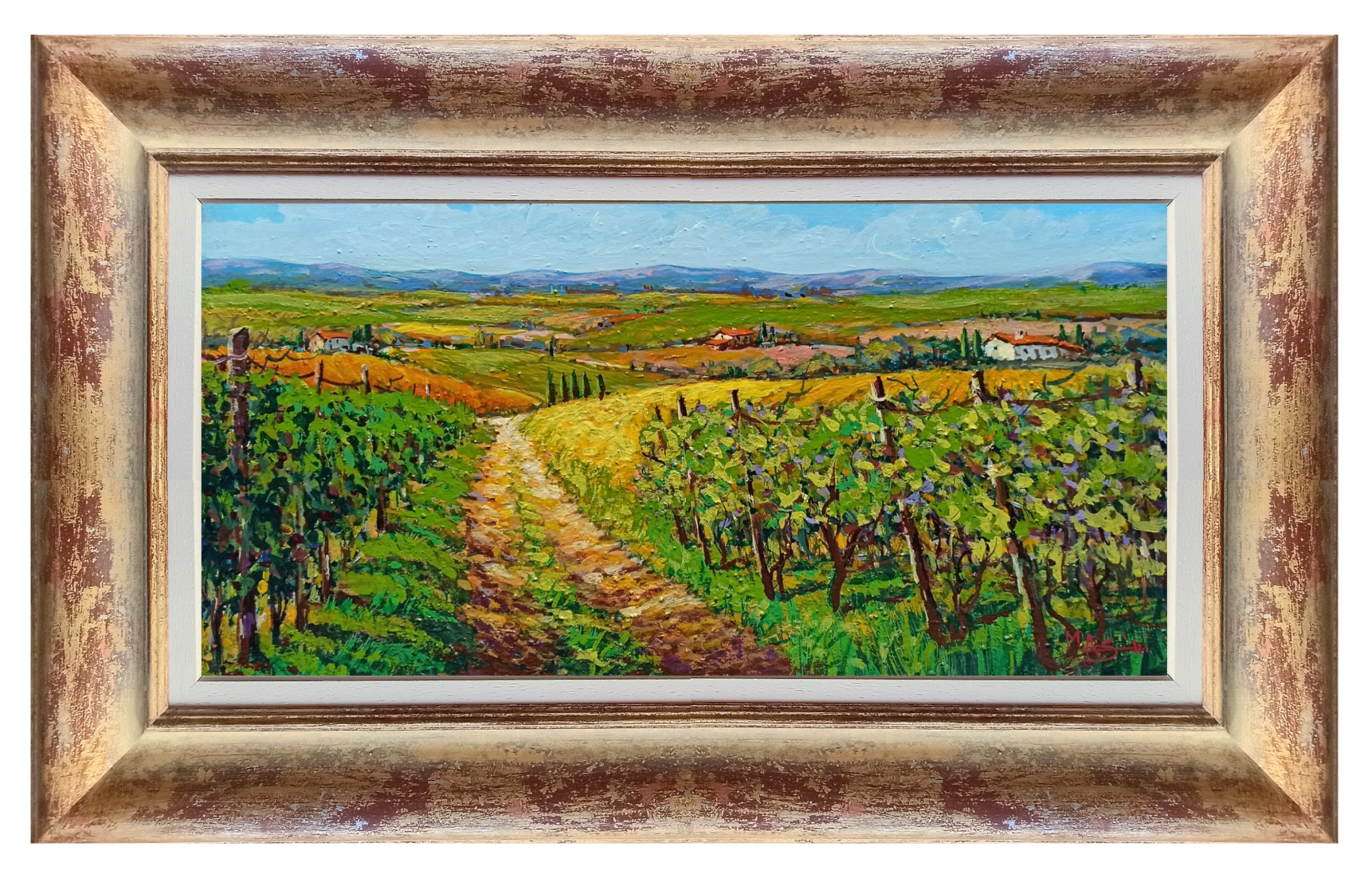 Gino Masini, Road between the vineyard - Tuscany landscape painting & frame Gino Masini, Road between the vineyard - Tuscany landscape painting & frame