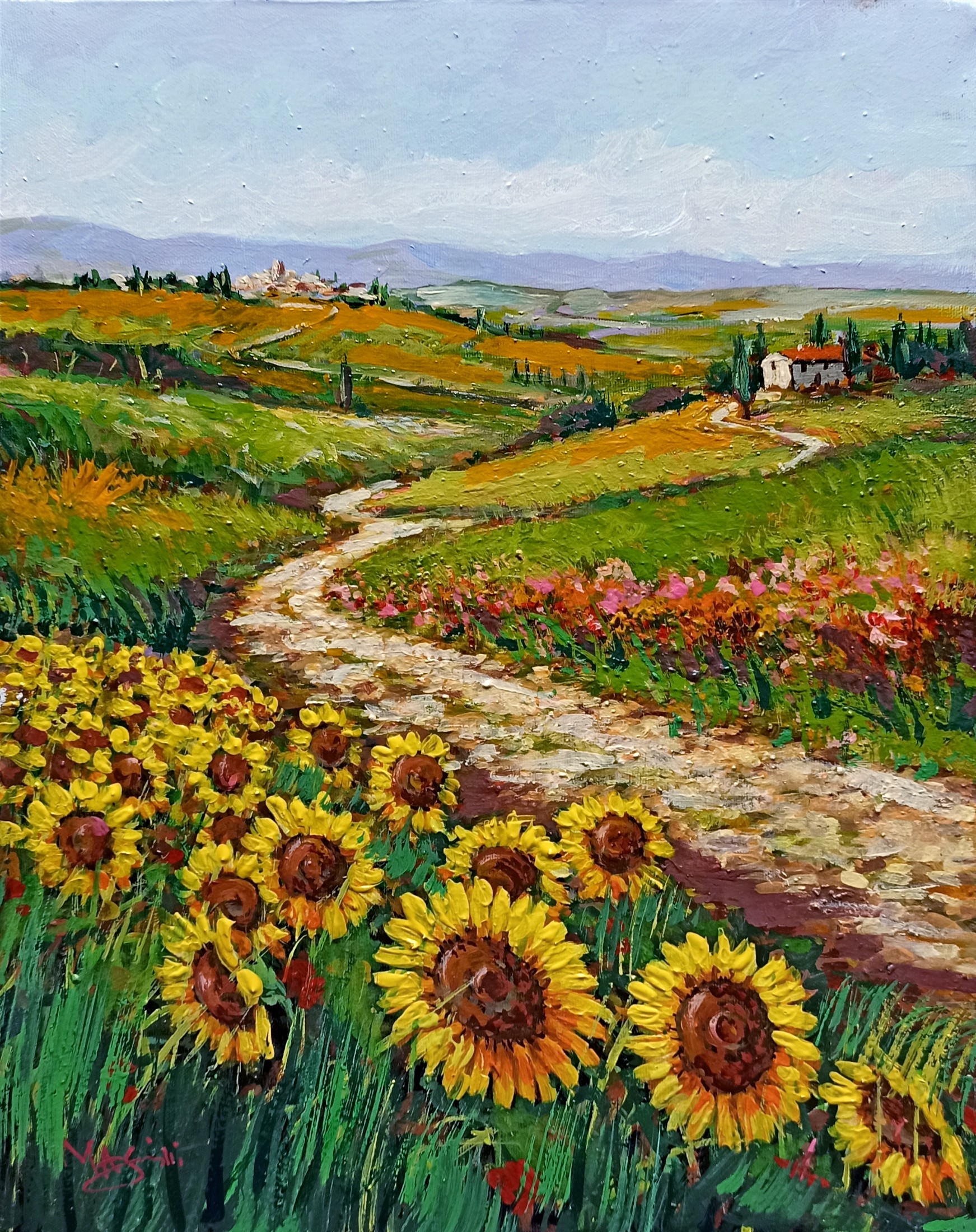 Gino Masini, Country path with sunflowers - Tuscany landscape painting Gino Masini, Country path with sunflowers - Tuscany landscape painting