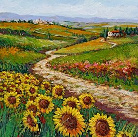 Gemälde, Country path with sunflowers - Tuscany landscape painting, Gino Masini