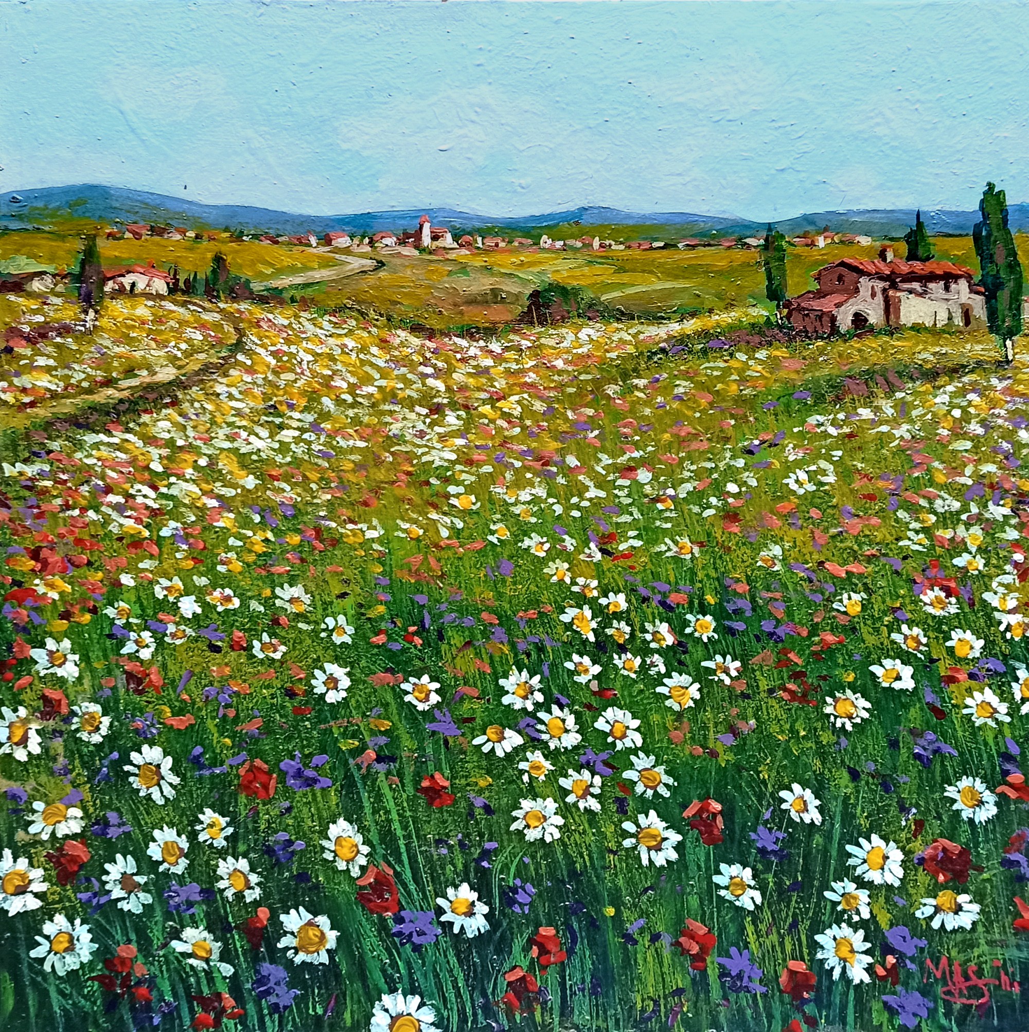 Gino Masini, Field of daisies - Tuscany landscape painting Gino Masini, Field of daisies - Tuscany landscape painting