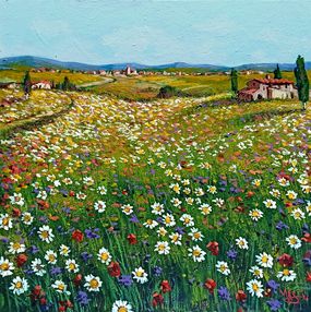 Peinture, Field of daisies - Tuscany landscape painting, Gino Masini