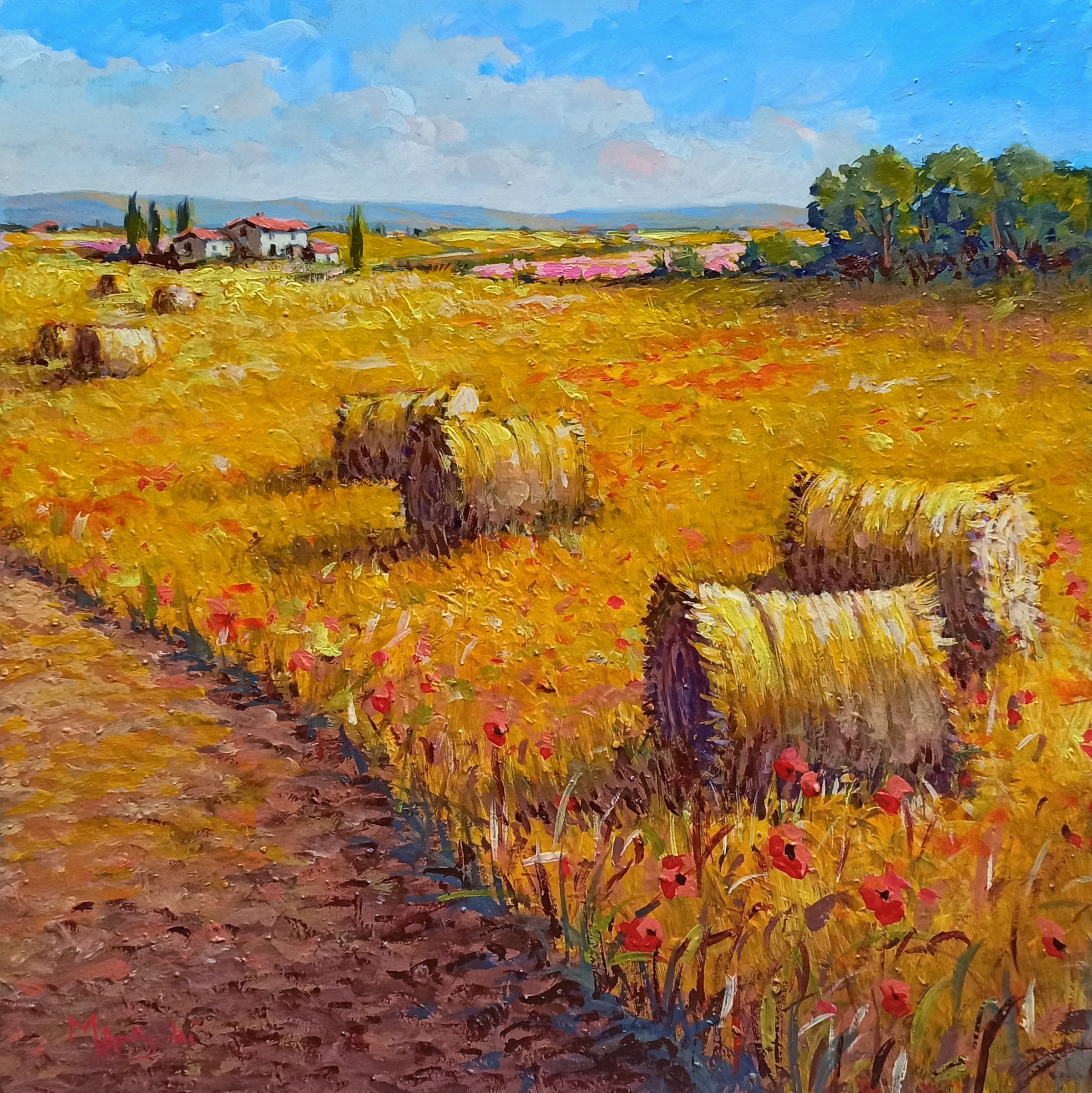 Gino Masini, Hay bales and poppies - Tuscany landscape painting Gino Masini, Hay bales and poppies - Tuscany landscape painting