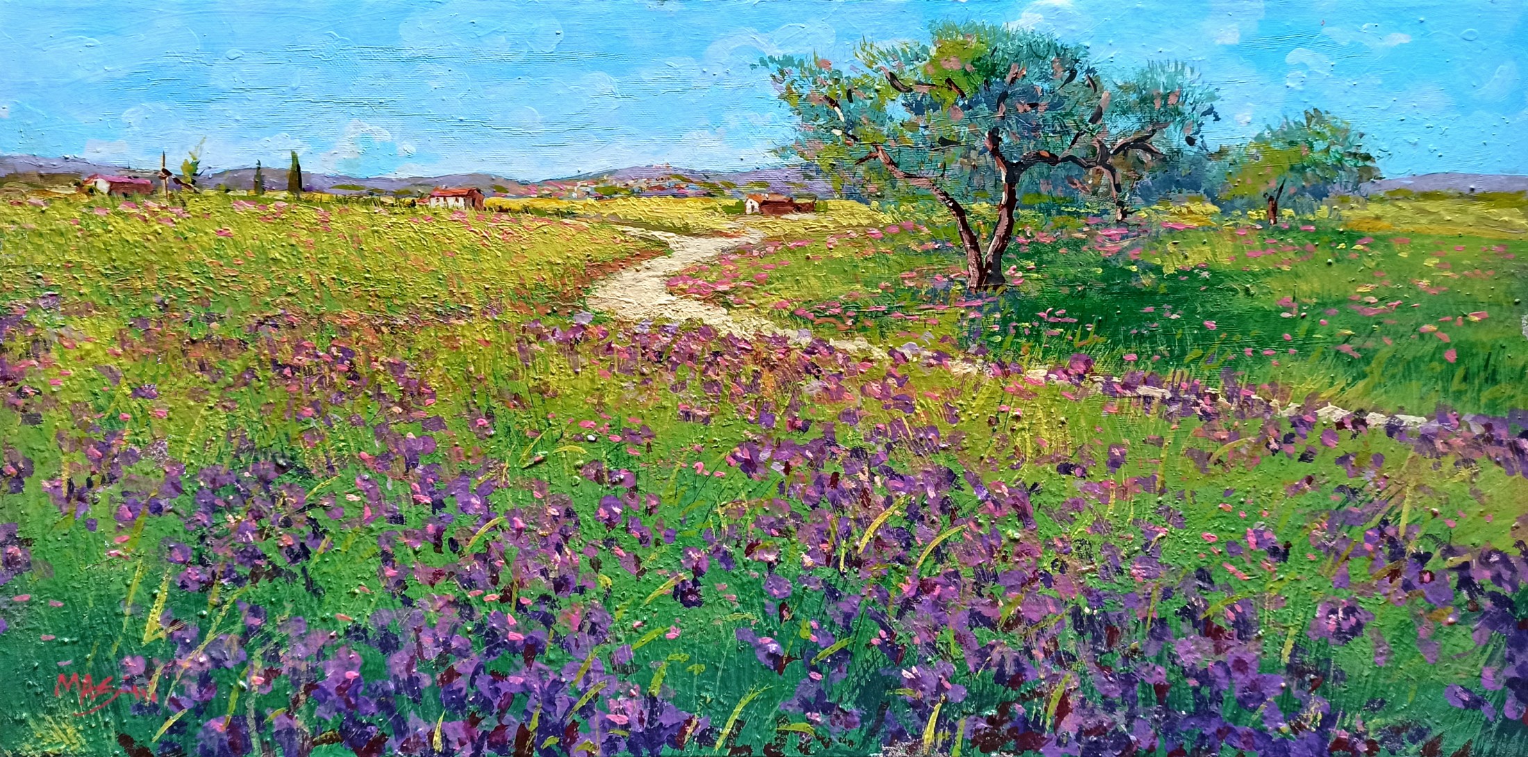 Gino Masini, Iris field landscape - Tuscany painting Gino Masini, Iris field landscape - Tuscany painting