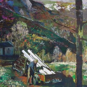 Painting, Martijn Doolaard at his cabin, Peter de Boer