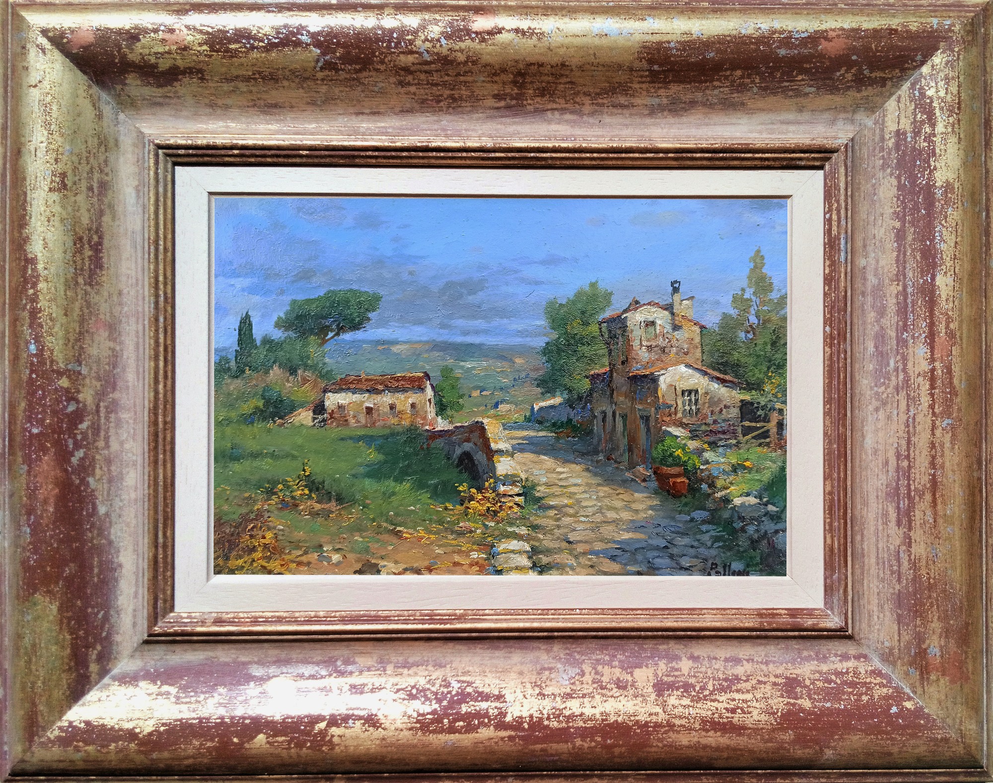 Claudio Pallini, Country stone bridge - Tuscany painting landscape + frame Claudio Pallini, Country stone bridge - Tuscany painting landscape + frame