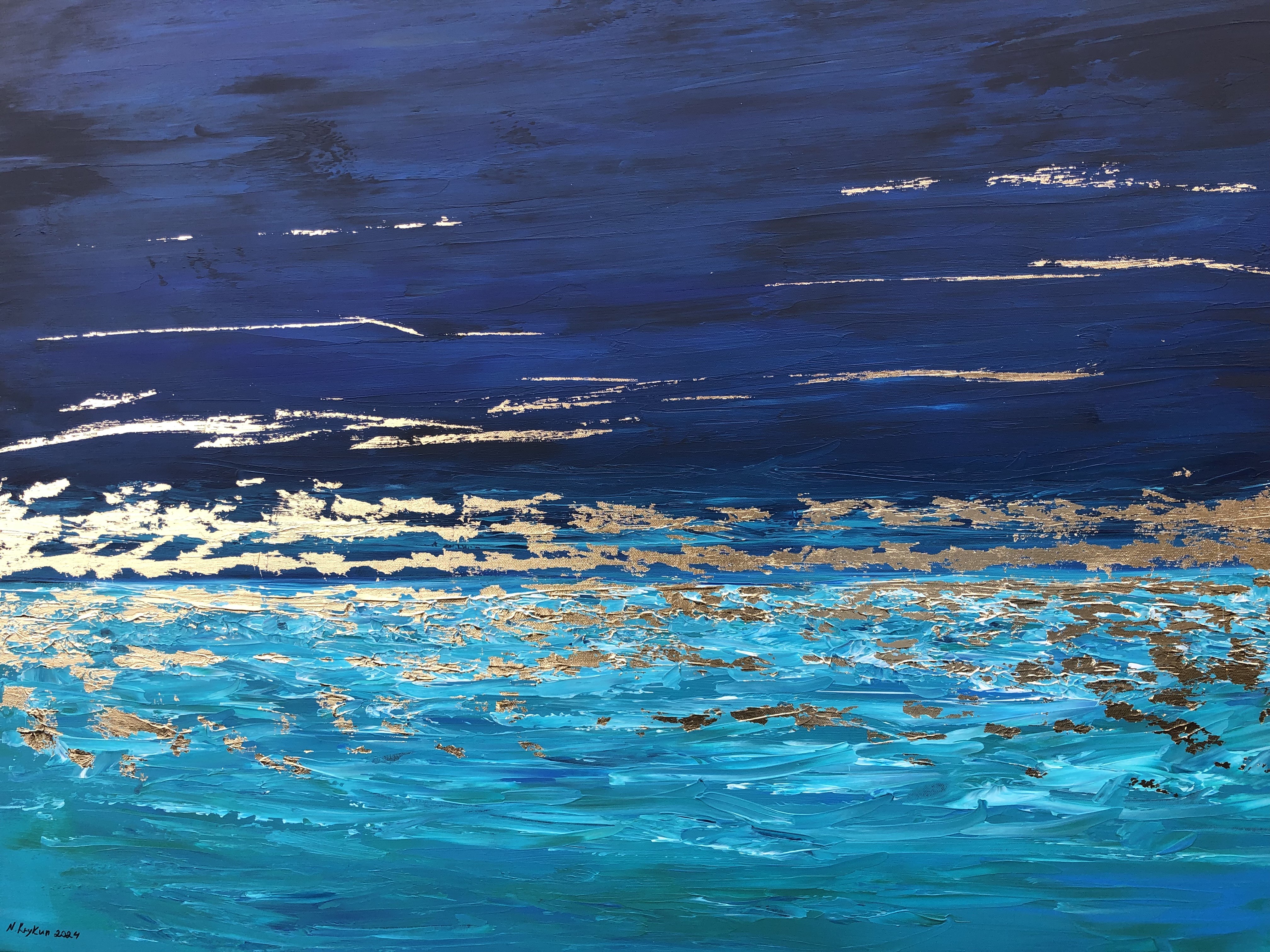 Nataliia Krykun, Blue seascape - 3D, ocean, water wave, gold leaf Nataliia Krykun, Blue seascape - 3D, ocean, water wave, gold leaf