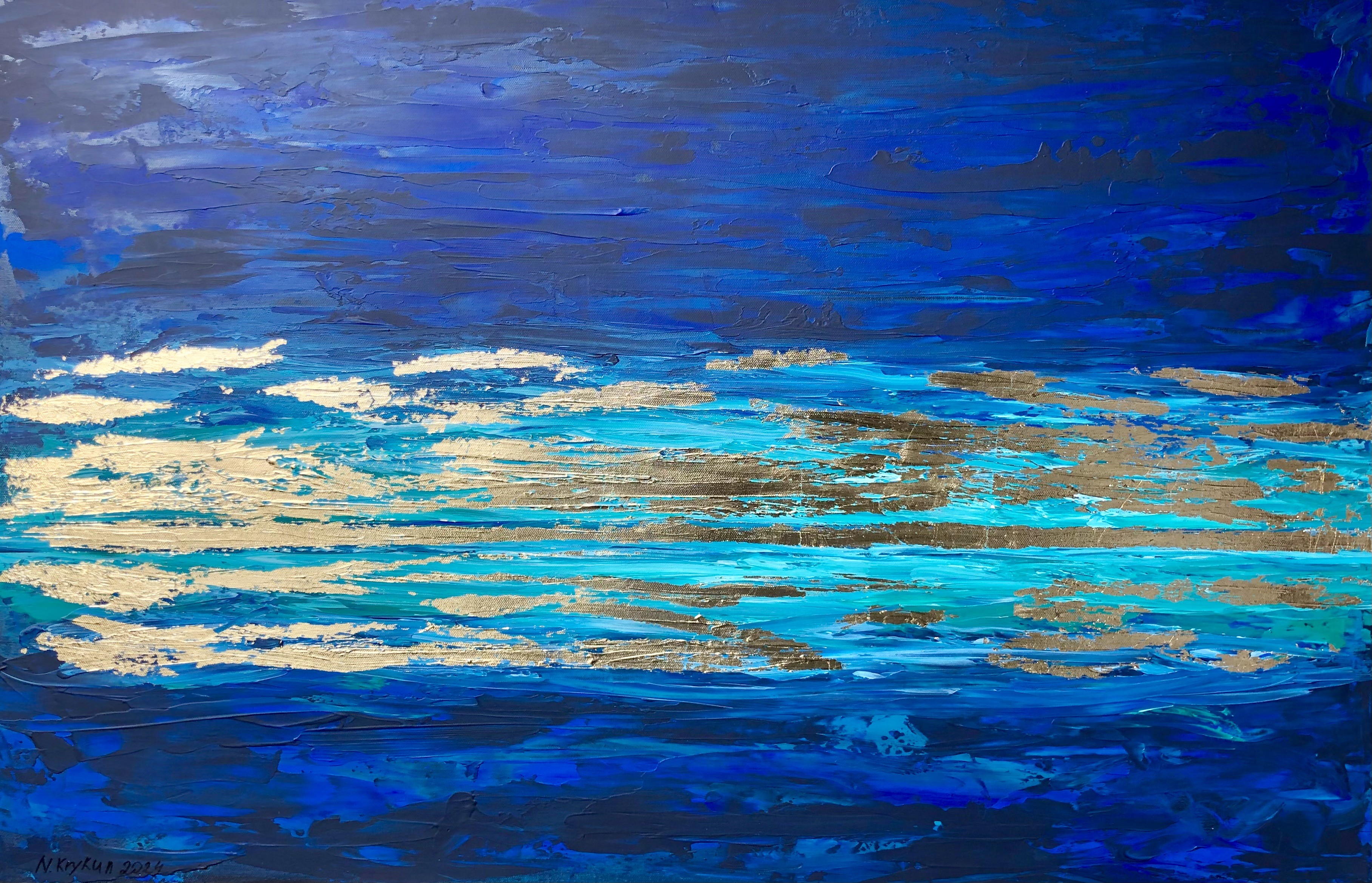 Nataliia Krykun, Blue skyline - 3D, ocean, water wave, gold leaf Nataliia Krykun, Blue skyline - 3D, ocean, water wave, gold leaf