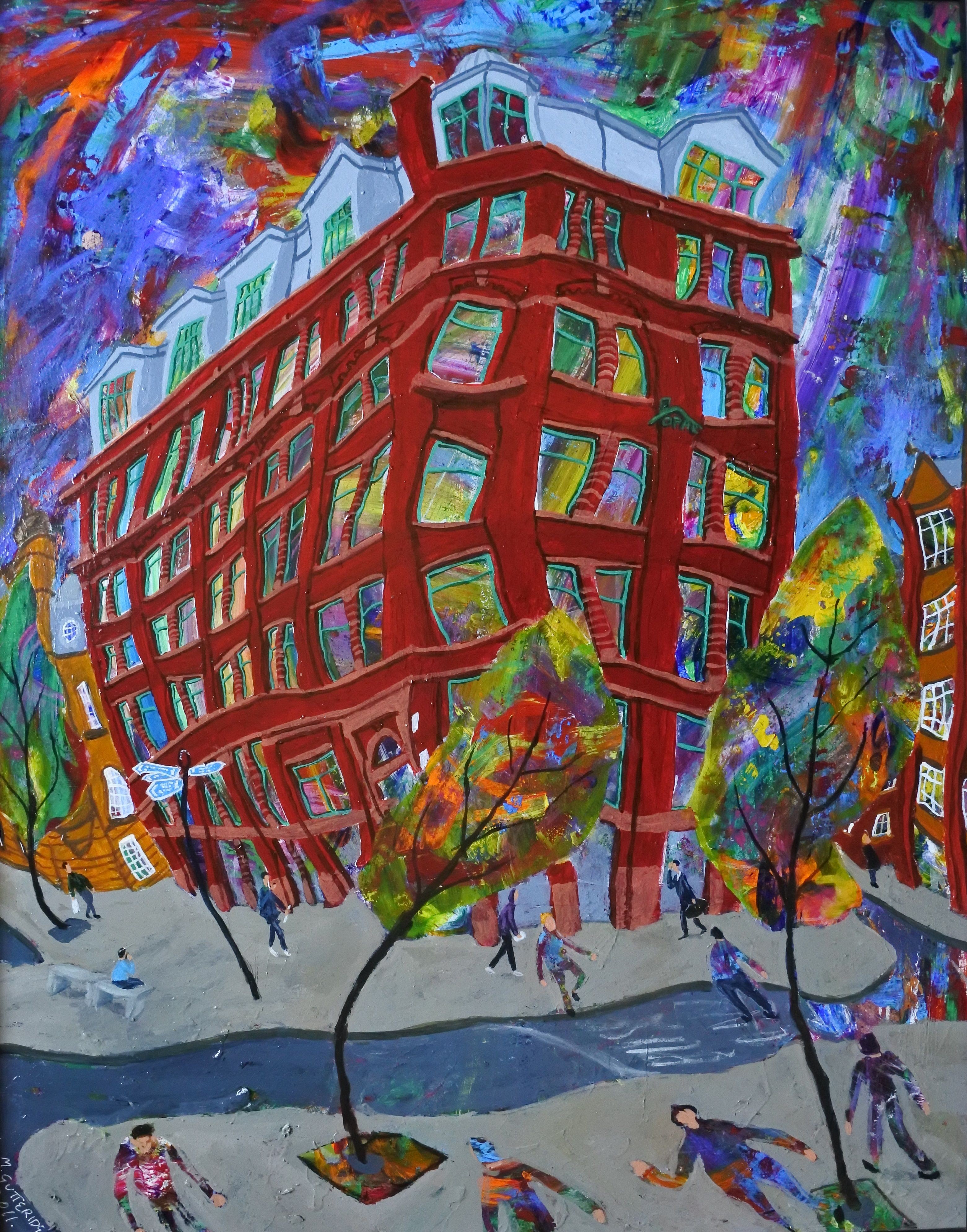 Michael Gutteridge, Red Building with Trees on Violet Background Michael Gutteridge, Red Building with Trees on Violet Background