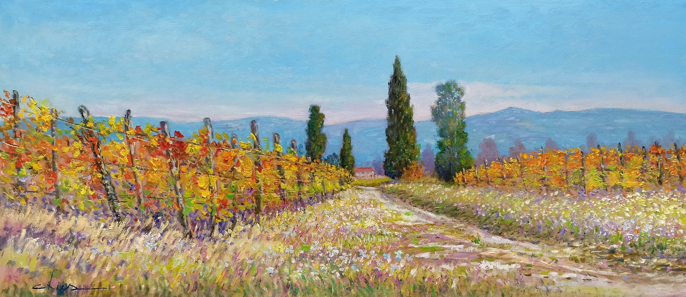 Biagio Chiesi, Countryside with vineyard - Tuscany painting landscape Biagio Chiesi, Countryside with vineyard - Tuscany painting landscape