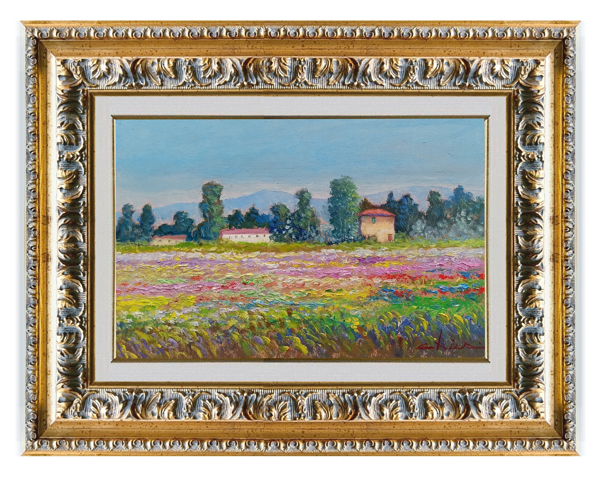 Biagio Chiesi, Wildflowers field - Tuscany painting landscape + frame Biagio Chiesi, Wildflowers field - Tuscany painting landscape + frame