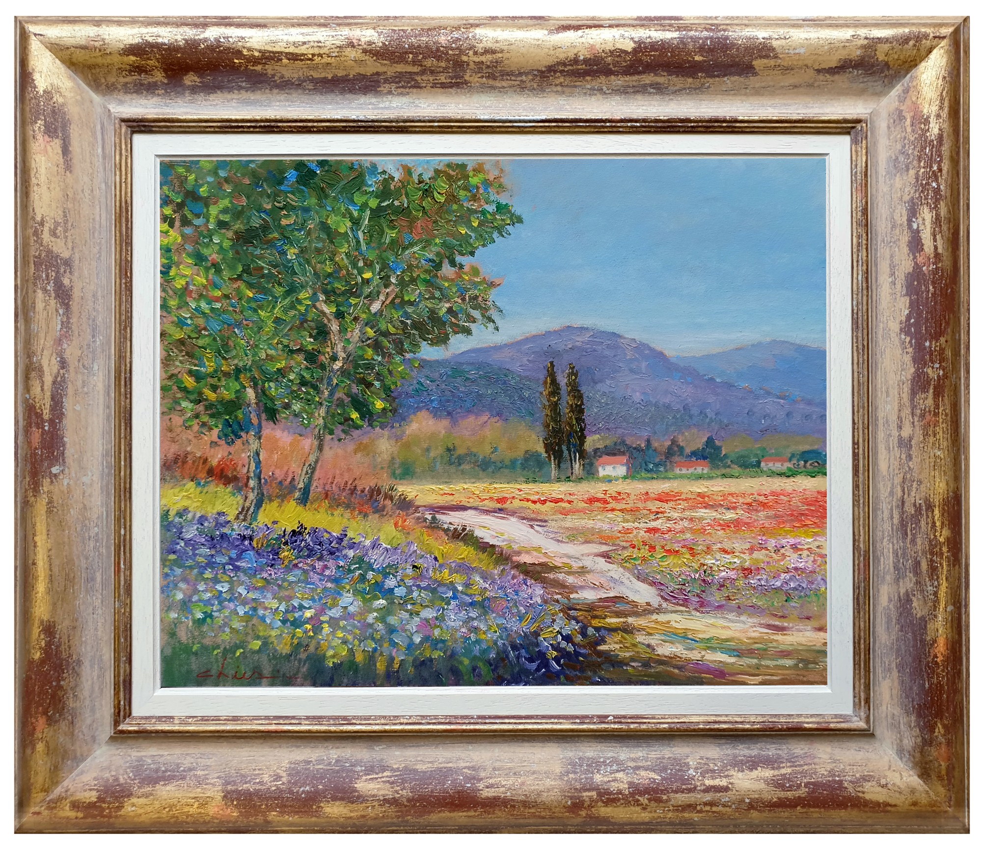 Biagio Chiesi, Country flowers path - Tuscany painting landscape + frame Biagio Chiesi, Country flowers path - Tuscany painting landscape + frame